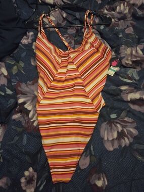 Womens Striped One-Piece Swimsuit - Pink and Orange Stripe